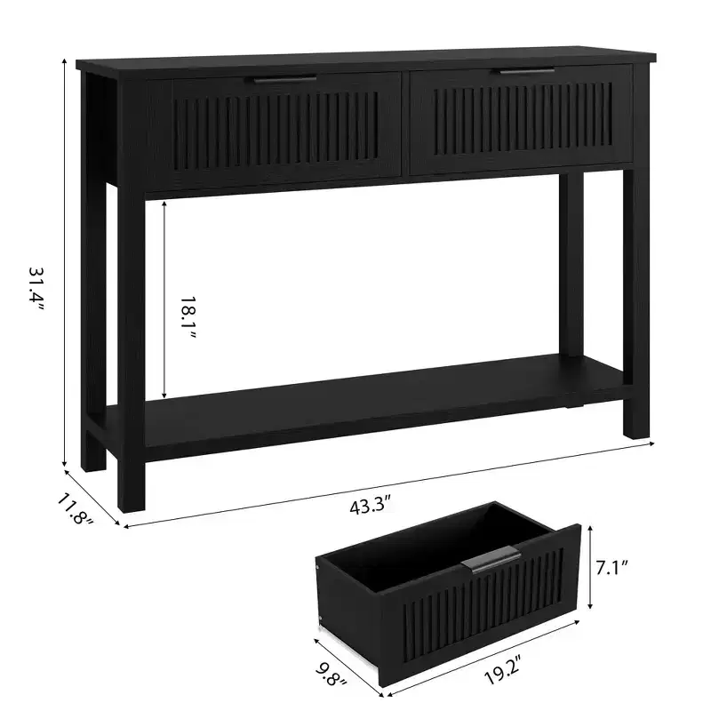 Fluted Entryway Console Table with 2 Drawers, Wooden Sofa Table for Living Room, Hallway or Foyer - Black Finish, Sleek Storage Design