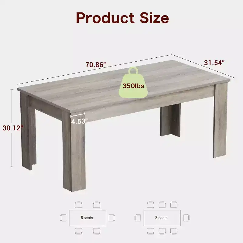 71 Long Dining Table for 6-8, Large Farmhouse Rectangular Kitchen Dining Room Table, Wooden, Thick Frame & Sturdy Triangular Legs, Wood Strip Base