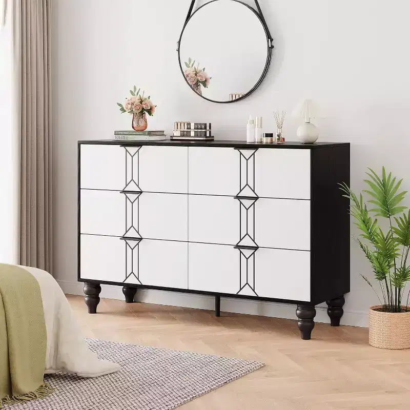 Wooden 6 Drawer Dresser with Vintage Pattern Design, Modern Chest Dresser with Deep Drawers for Bedroom, Living Room, Entryway