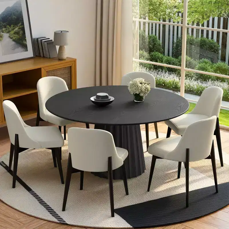 PexFix 52 Modern Round Dining Table Set with 6 Upholstered Chairs Black Textured Wood Top Pleated Pedestal Base Beige Seats for Kitchen Dining Room