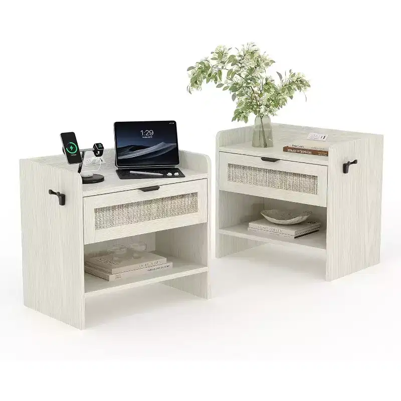 COZONY Wicker Nightstand with Type-C Charging Station, Boho Bedside Table with Drawer and Open Compartment for Bedroom
