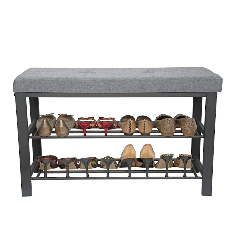 Entryway Bench with 2-Tier Shoe Rack – Grey, Upholstered Seat, Holds 6 Pairs, Single