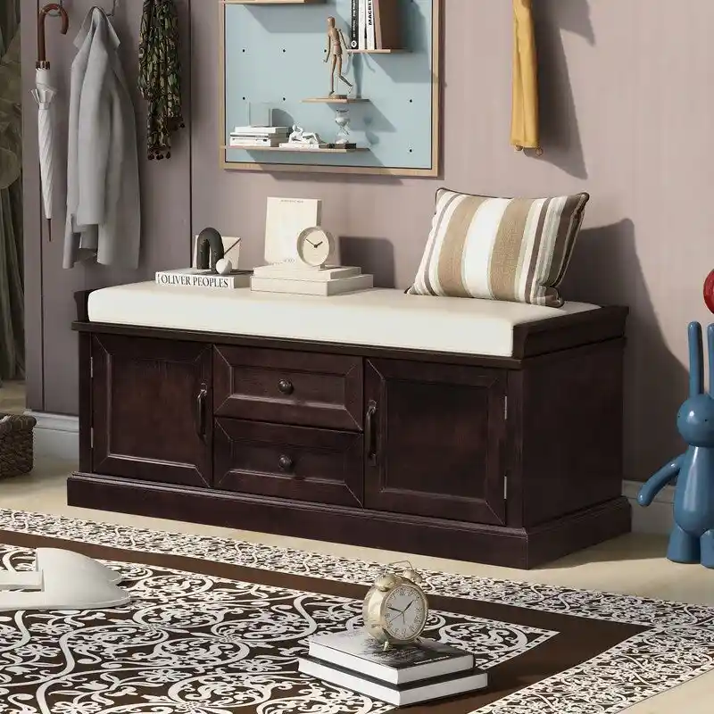 Shoe Bench Storage Bench with 2 Drawers,2 Cabinets,Removable Cushion