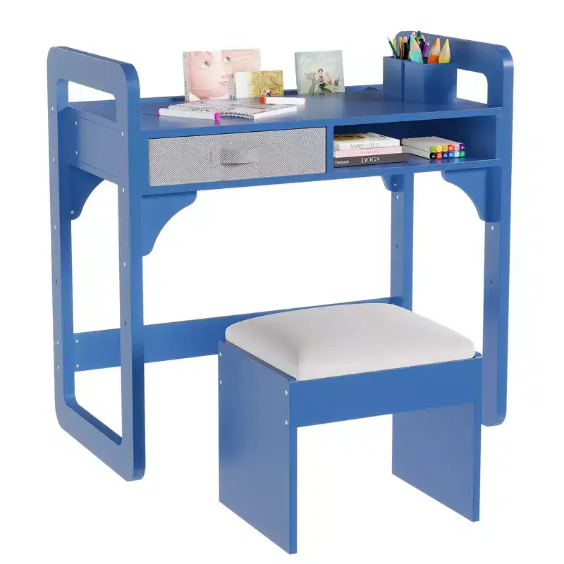 Kids Desk and Chair Set, Adjustable Study Table with Storage & Book Display, for Boys & Girls, White/Pink/Blue