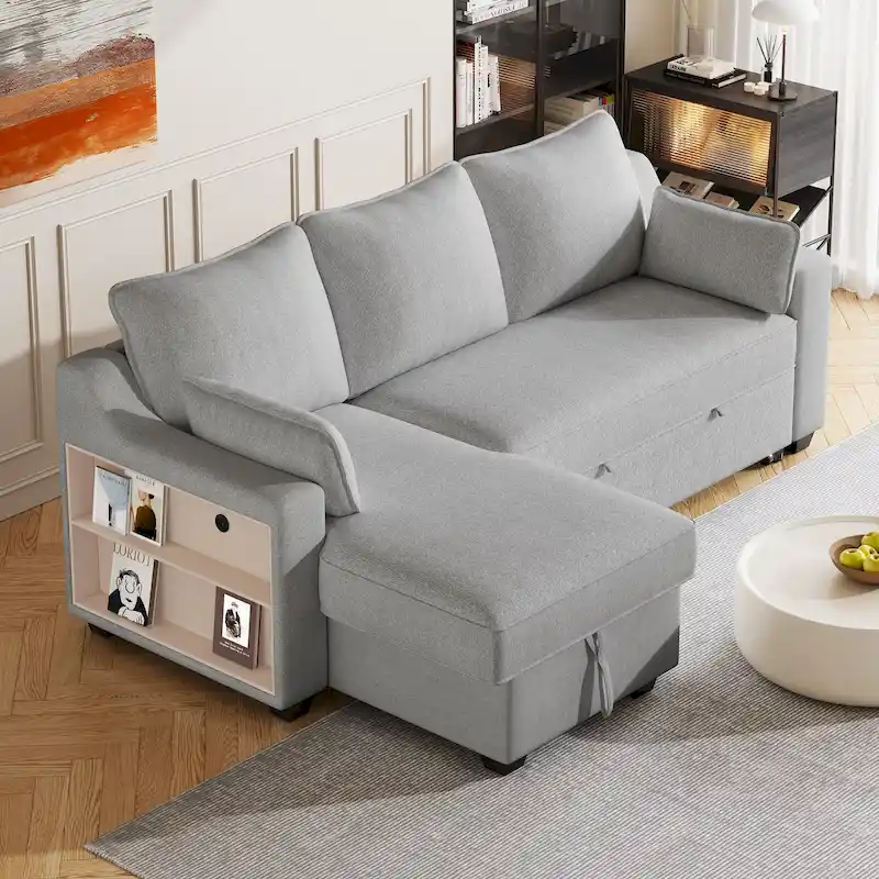 Fabric L-Shaped Convertible Sofa Bed with Storage Chaise