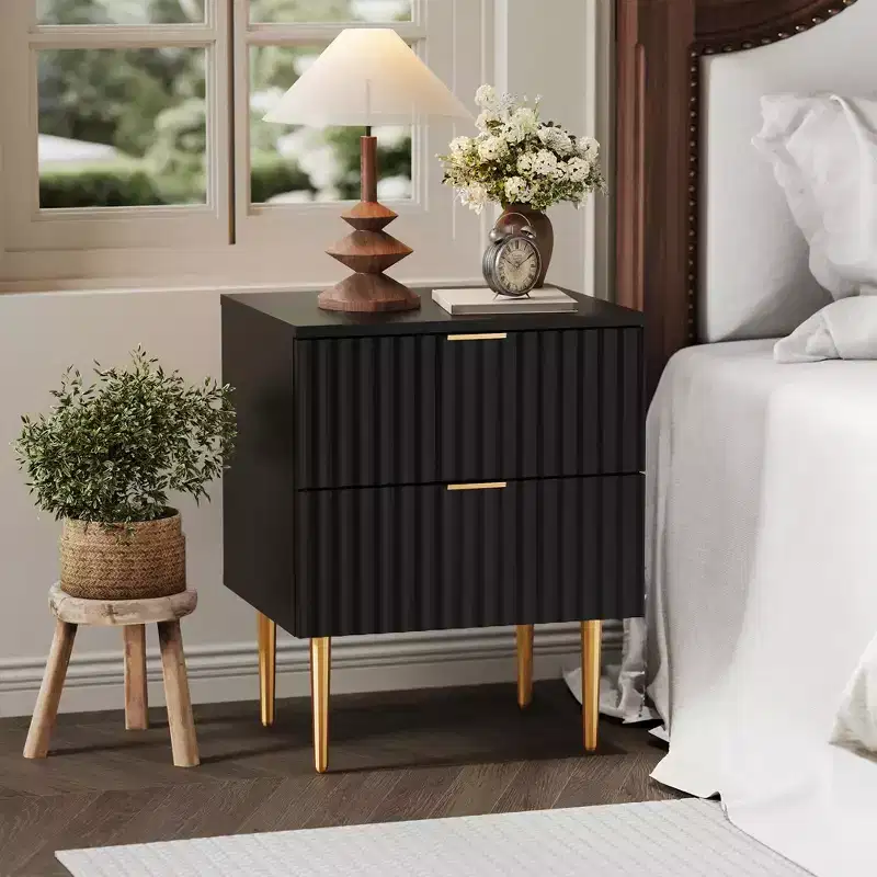 Modern Nightstand with 2 Drawers, Golden and Wood Fluted Night Stand, Bedside Table for Bedroom Apartment