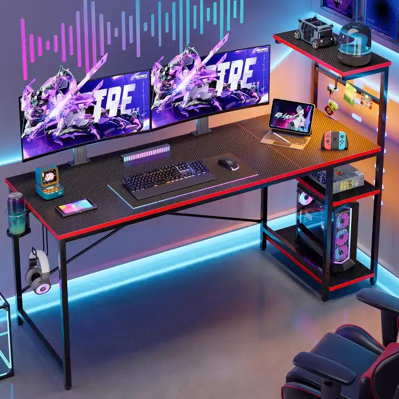 Bestier 61 Inch Gaming Desk with RGB LED Light, Computer Desk with 4 Tier Reversible Storage Shelves, Hooks, Cup holder and MagnetsBlack