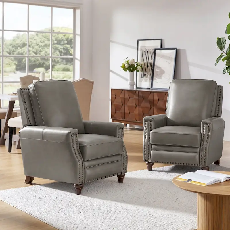Mid-century Modern Genuine Leather Recliner with Nailhead Trim Set of 2