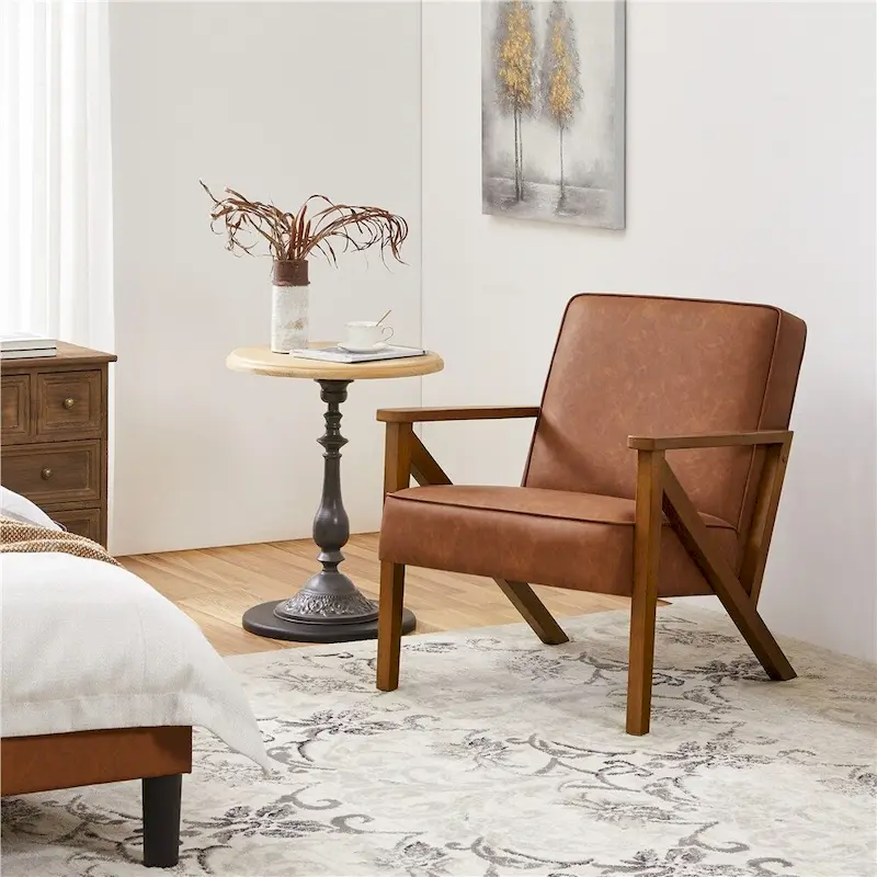 Yaheetech Faux Leather Accent Chair with Wood Legs for Living Room