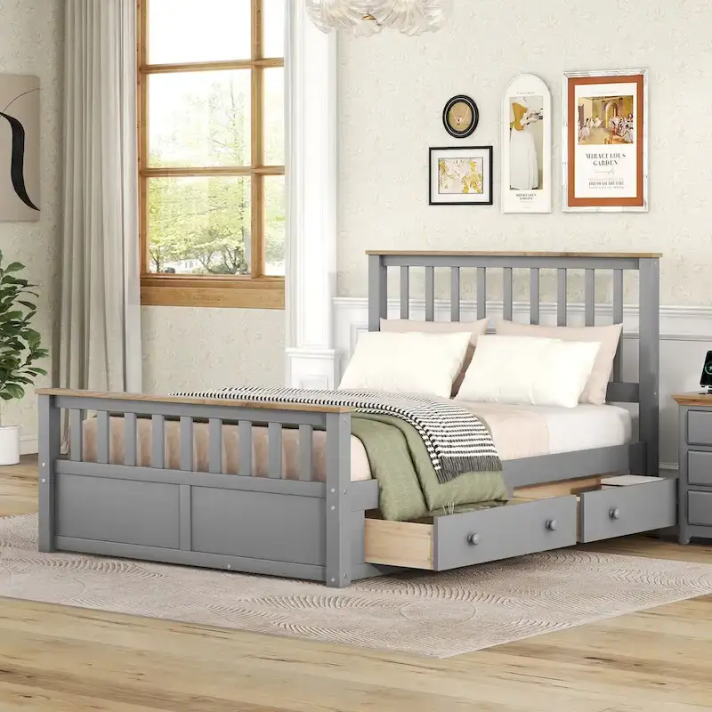 Wood Platform Bed with 2 Drawers and Wooden Slat Support