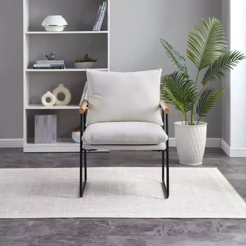 Modern Accent Chair with Wood Armrests, Reading Chair with Removable Cushion, Cozy Chair for Living Room, Bedroom, Office, Milk White