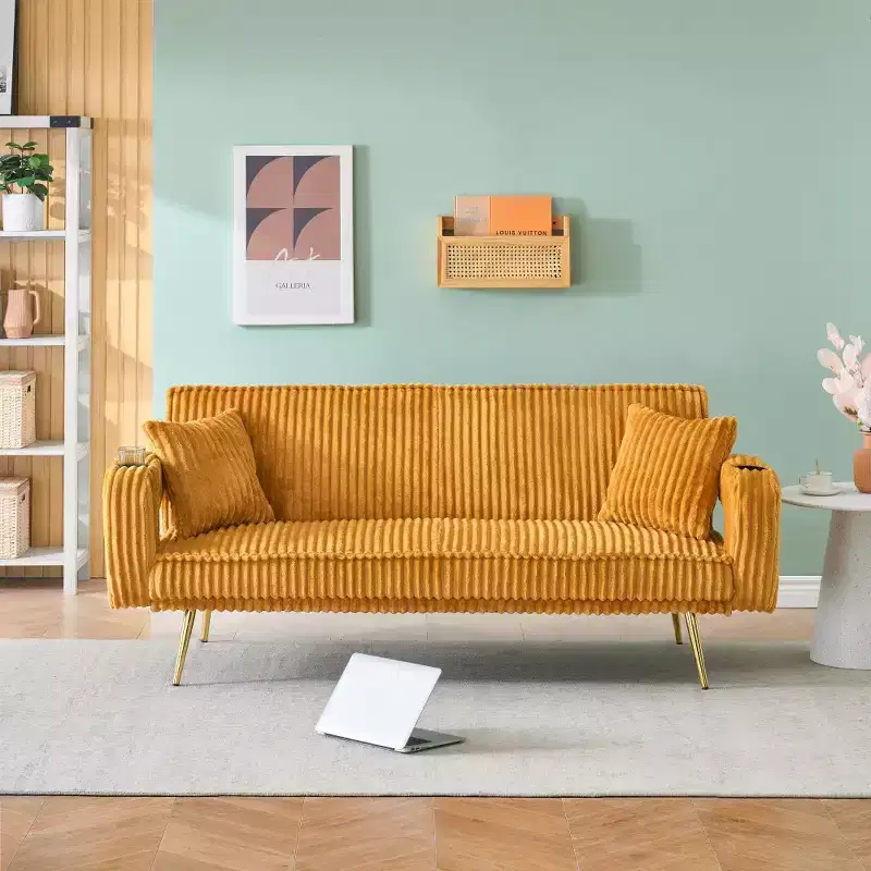 Zeus & Ruta Minimalist Corduroy Sofa with Throw Pillows