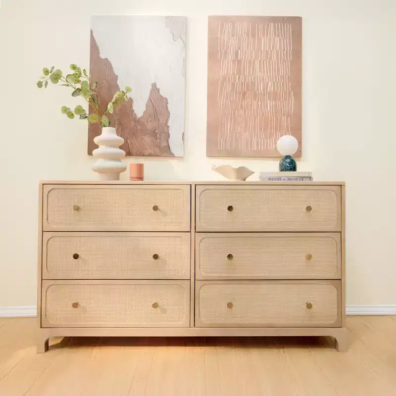 Rattan 6 Drawer Dresser with Brass Knobs - Solid Pine