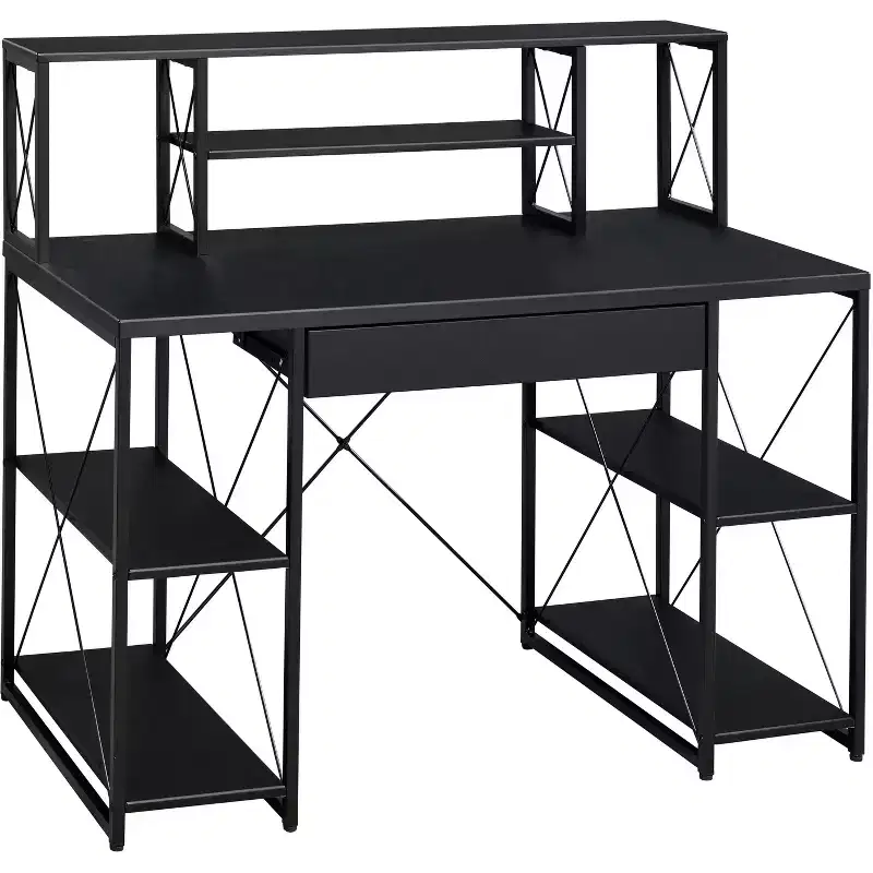 TUYOHW Office Computer Desk,Hutch,Recording Studio Desk with Drawer,8 Compartments,Metal Sled Base,Wooden Top,Writing Desk for Home Office