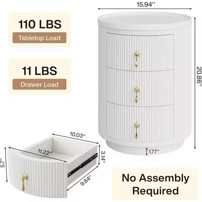 Lantine Nightstand with 3 drawers, no assembly, small round bedside/end table with storage, gold handles, 15.94 D x 15.94 W.