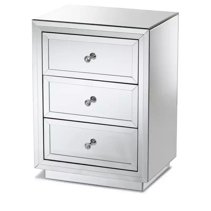Lina Mirrored 3 Drawer Nightstand Bedside Table Silver - BaxtonStudio: Contemporary Style, MDF Construction, No Assembly Required