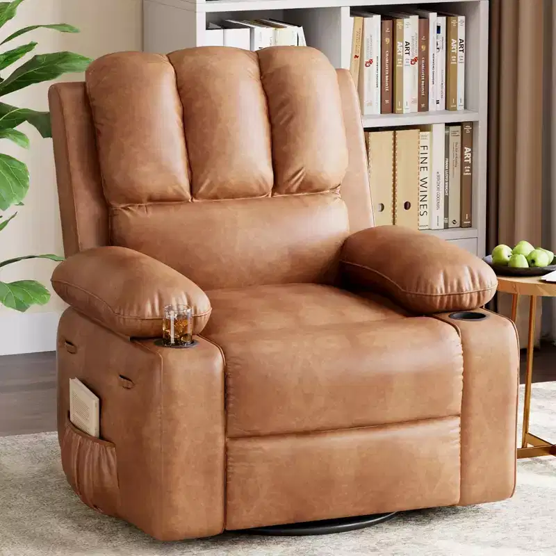 Manual Recliner Chair for Adults PU Faux Leather, Massage Lounge, 360 Swivel Cup Holders, Side Pocket Modern Single Sofa Seat