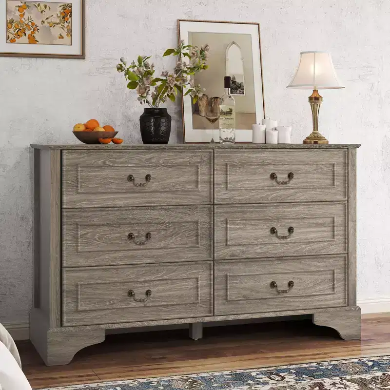47'' Farmhouse 6 Drawers Dresser for Bedroom, Wide Rustic chests of Drawers with Natural Texture, Gray