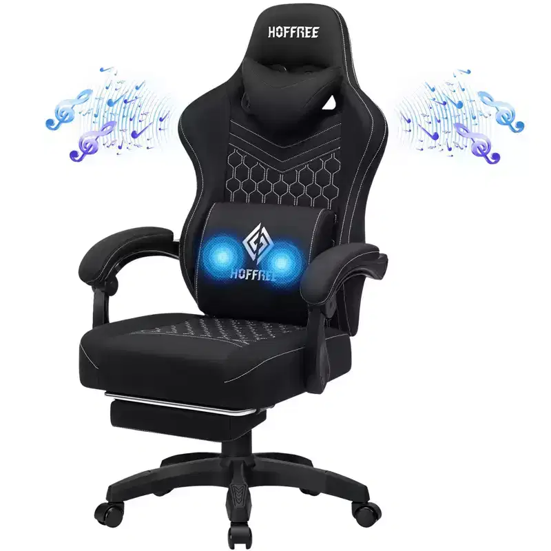 Hoffree Breathable Fabric Massage Gaming Chair Ergonomic Office PC Chair with Bluetooth Speaker & Footrest