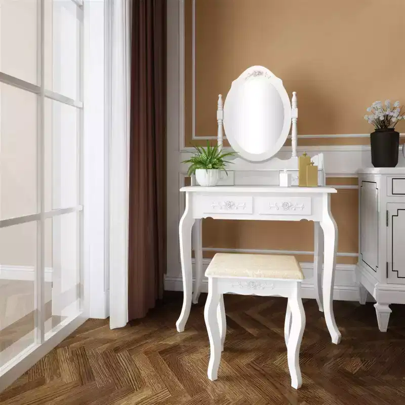 Schminktisch mit Hocker, Frisiertisch mit 360 drehbarem Spiegel, Kosmetiktisch mit gepolstertem Hocker & 4 Schubladen