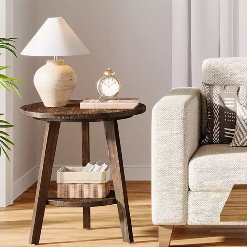 Solid Wood Round End Table with Storage Shelf, Farmhouse Sofa Side Table and Nightstand for Living Room and Bedroom, Dark Brown, Easy Assembly