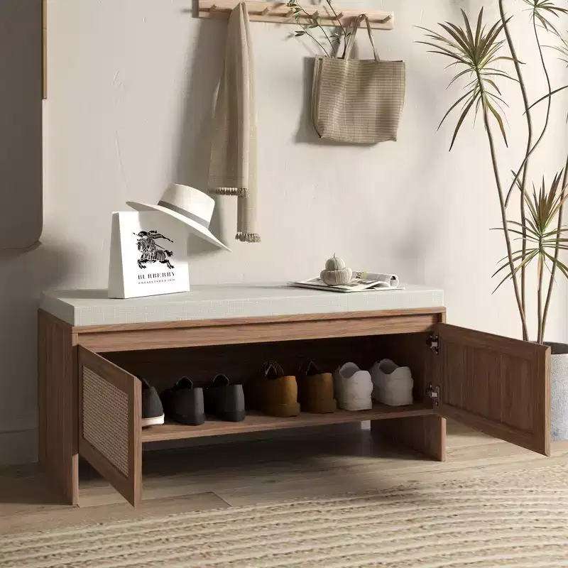 Entryway Shoe Storage Bench with Faux Rattan Doors, Wood Entryway Seat with Cushion, Dust-Proof Shoe Cabine for Bedroom, Living Room, Brown