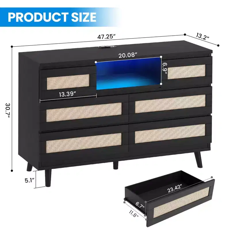 GARVEE 6 Drawer Rattan Dressers,Wooden Durable Dressers & Chests of Drawers with LED Light and Charging Station, TV Stand for Bedroom