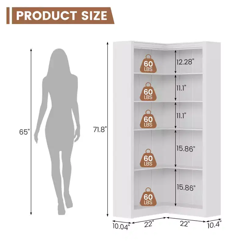 71.8'' Tall Corner Bookshelf, 5 Tier L-Shaped Bookshelf, Farmhouse Bookcases with Storage for Living Room Home Office,White