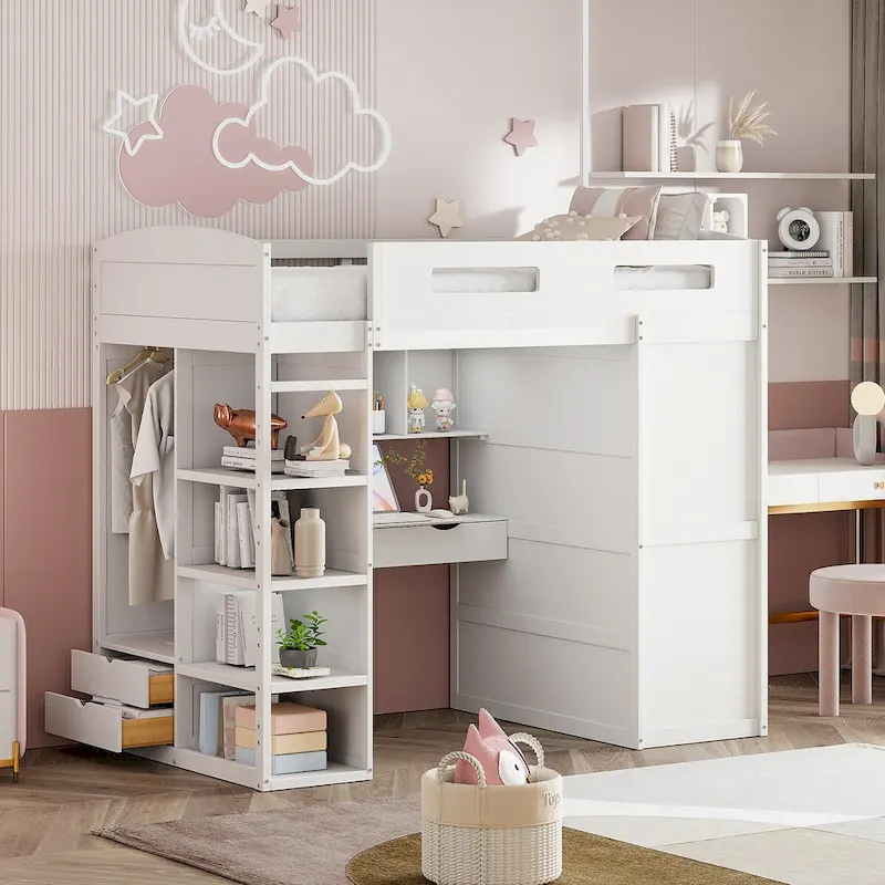 Loft Bed with Desk, Wardrobe, 4 Drawers and 4 Shelves, Full Size, Multi-Storage