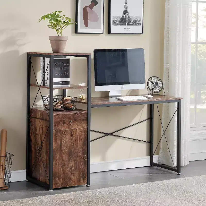 Wood Computer Desk with Drawer, Storage Cabinet, and Bookshelf