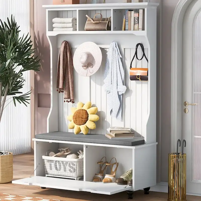 47.2 Entryway Bench with Coat Rack, Cushion and 4 Sturdy Hooks for Hallway, Entryway, Living Room