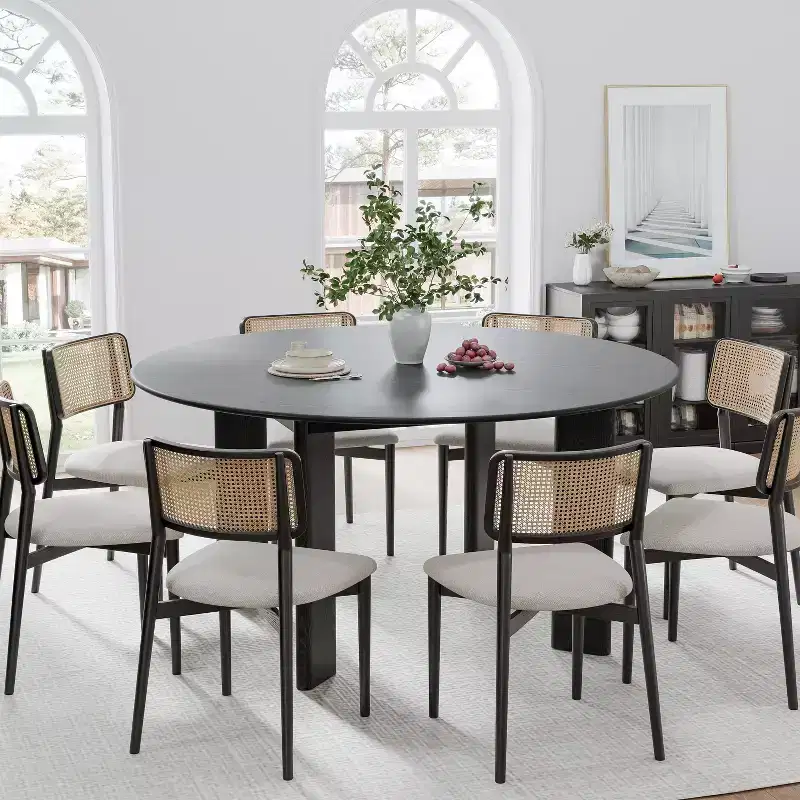 Modern Round Dining Table for 6-8, Dense Wood Tabletop & Stable Base, for Kitchen & Dining Room, Black