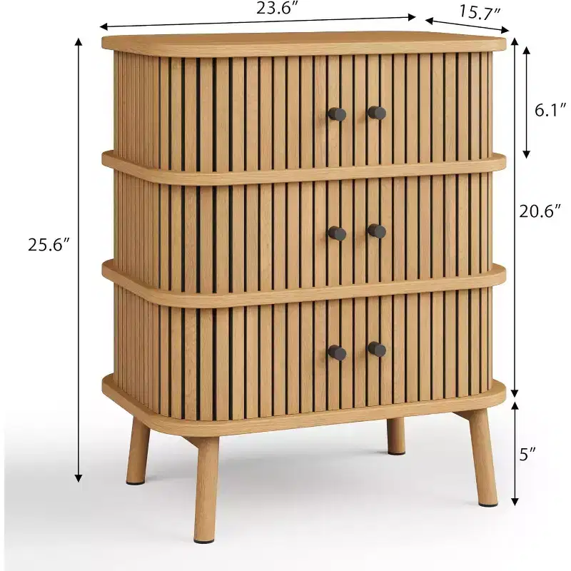 Modern 3-Drawer Storage Cabinet with Sliding Door, Natural Wicker & Wooden Legs Dresser, Bedside Table for Bedroom, Hallway, or Living Room