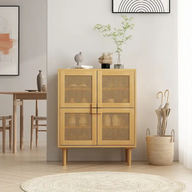 4 Doors Rattan Mesh Shoe Storage Cabinet for Entryway Living Room