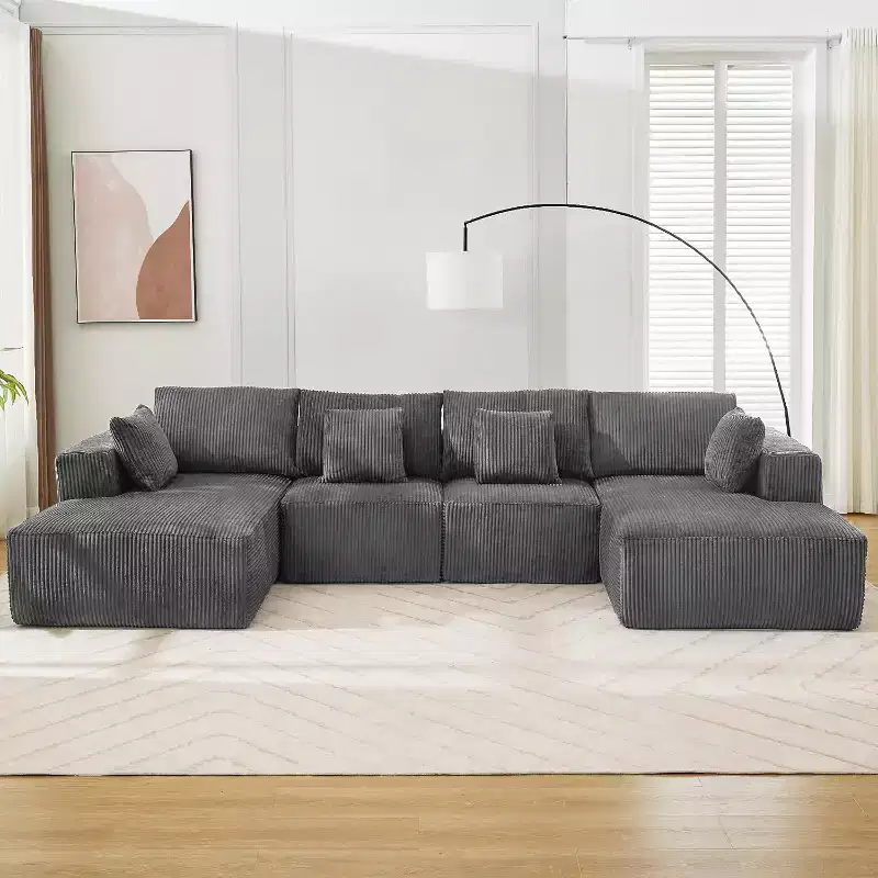 Gray Corduroy U-Shaped Sectional Sofa, 4-Seat Modular Sleeper with Chaise
