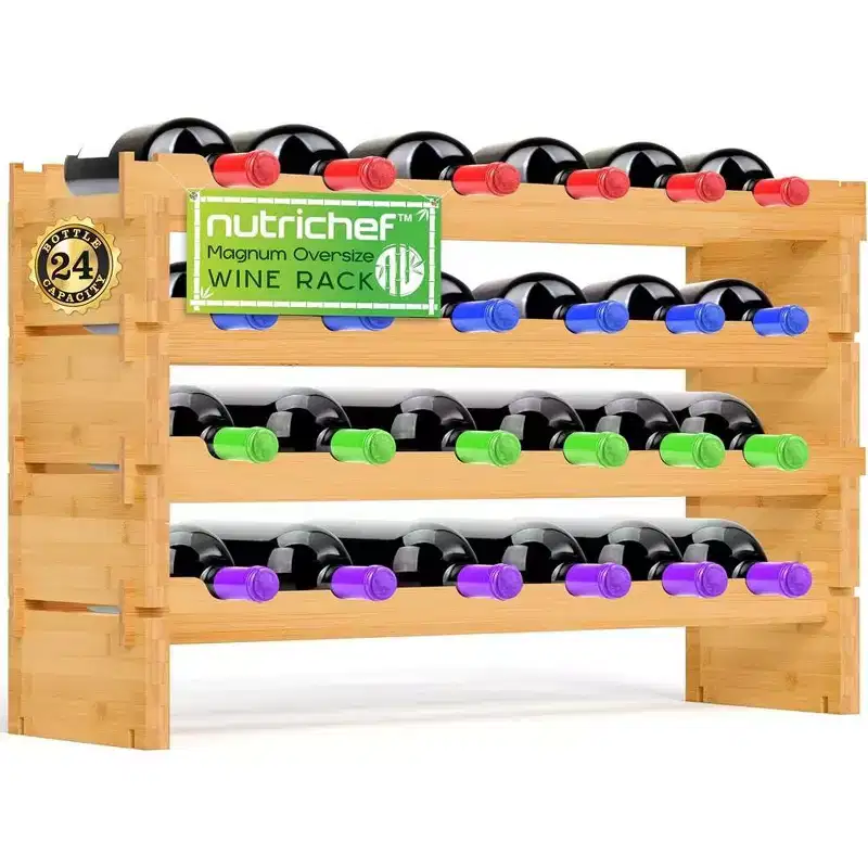 4-Tier Bamboo Wine Rack for Storage with Sturdy Wobble-Free Design, Natural Finish, Holds 24 Bottles