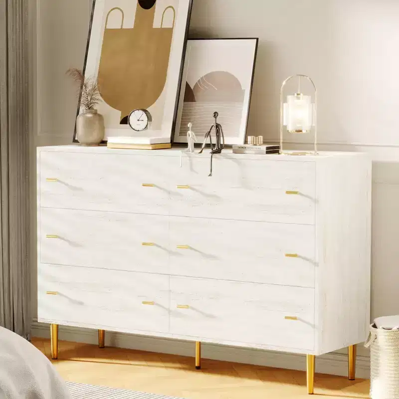 Farmhouse 6 Drawers Dresser for Bedroom, 47.2 Wide White Dresser Wood Rustic Chest of Drawers, Natural Texture,Drawer Organizer