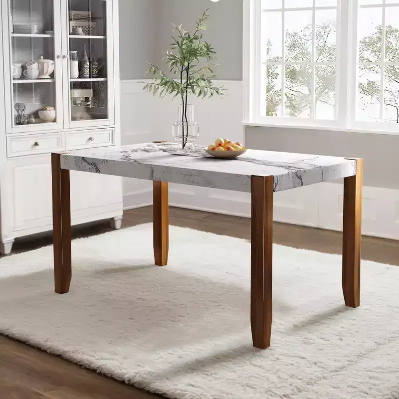 46.5 Modern Dining Table, Rectangular Faux Marble Kitchen Table with Rubber Wood Legs, White