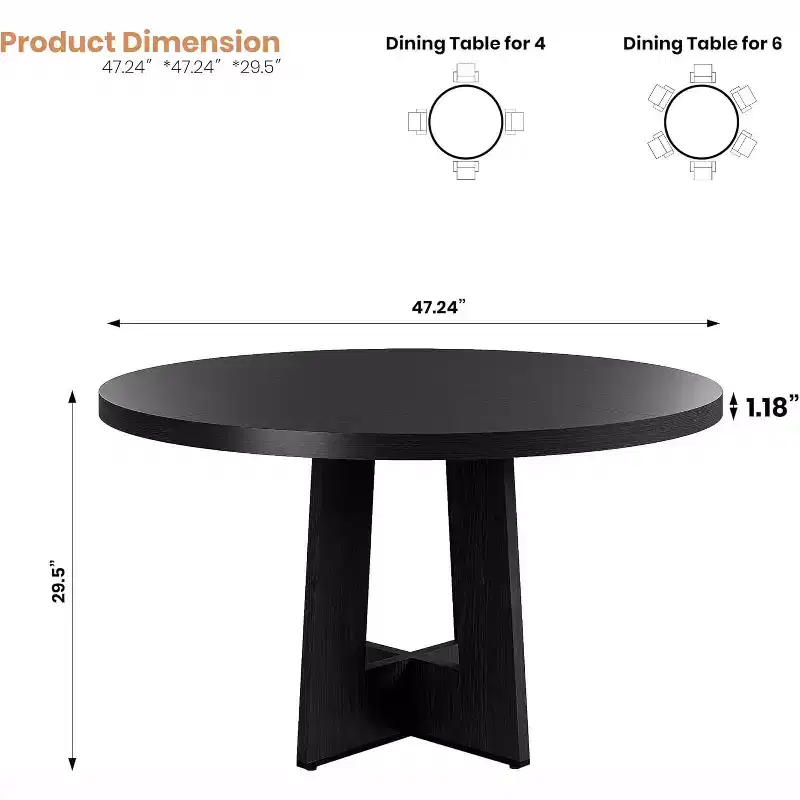 47 Round Dining Table for 4-6 People - Circle Kitchen Dinner Table with Sturdy Pedestal Base, for Living Room, Kitchen, Apartment