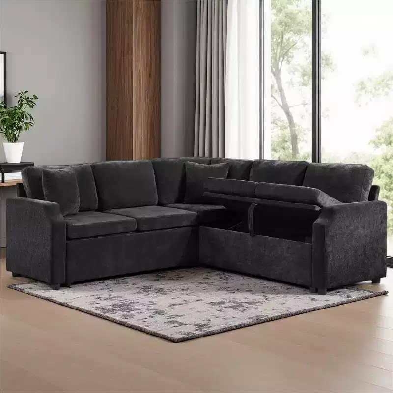Merax L-Shaped Sectional Sofa Bed with Pull-Out Sleeper and Hidden Storage