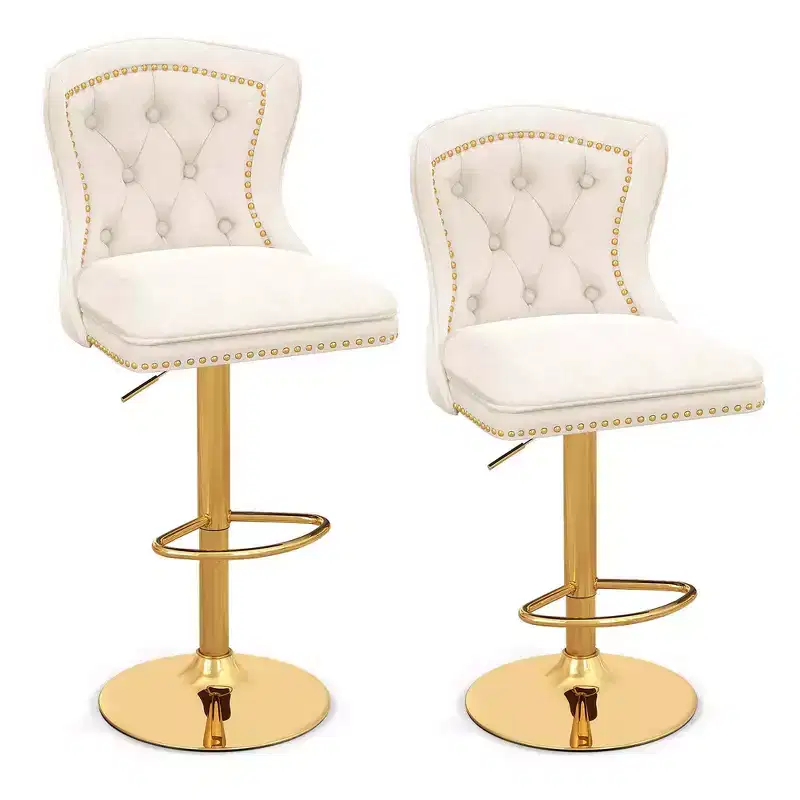Set of 2 Bar Chairs Dutch Velvet Bar Stool with Footrest Metal Base Anti-Slip Ring Pink/Beige/Grey
