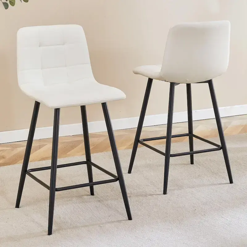 Modern PU Bar Chair 2 Pieces with Metal Legs, Checkered Design, Waterproof and Stain Resistant Suitable for Bars, Living Rooms