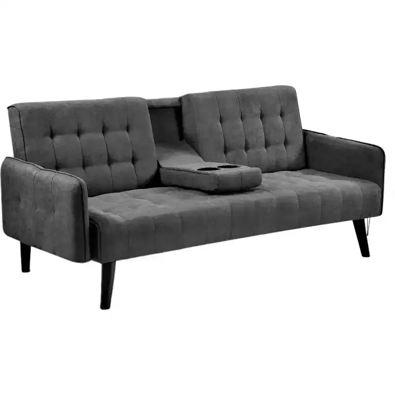 Convertible Sleeper Sofa Bed with Cup Holder & Drop-Down Table for Living Room, Linen Upholstered