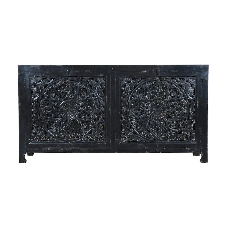 Black Handcarved 4-Door Sideboard Cabinet