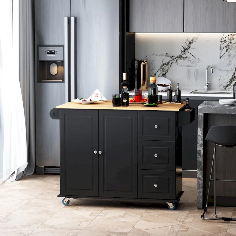 Mobile Kitchen Island with Drop Leaf, Towel Rack and 3 Drawers