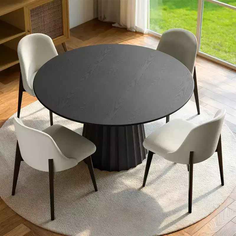 PexFix 46 Modern Round Dining Table Set with 4 Upholstered Chairs Black Textured Wood Top Pleated Pedestal Base Beige Seats for Kitchen Dining Room