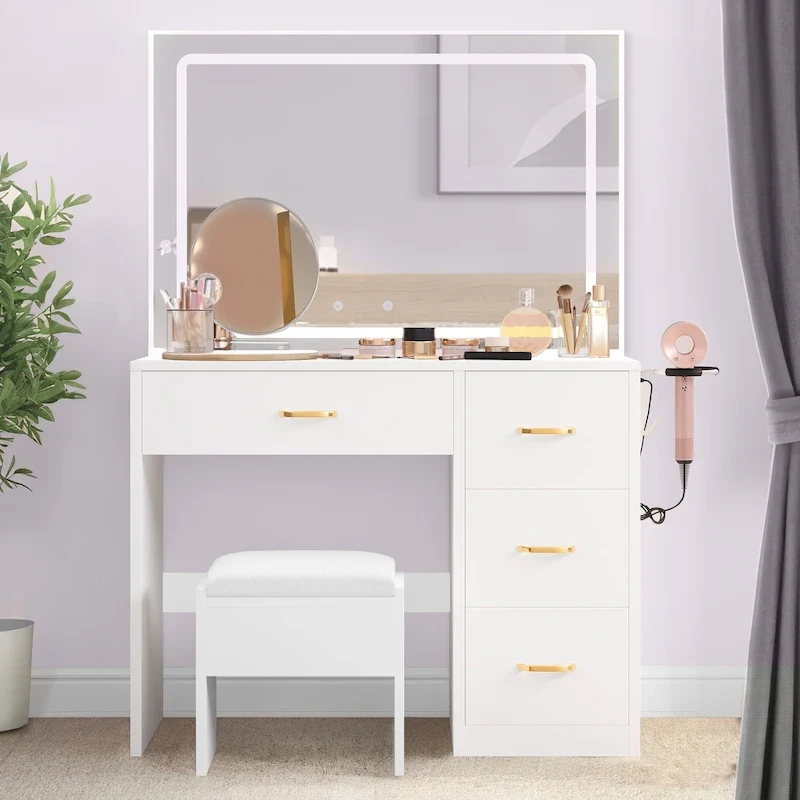 Moasis Makeup Vanity Table Cushioned Stool Vanity Desk Set - 35.43L x 15.74W x 53.54H