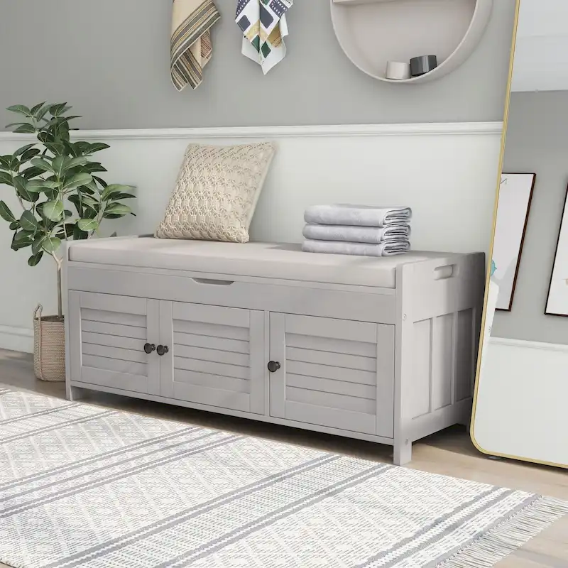 Wood Storage Bench with 3 Shutter-Shaped Doors and Flip-Open Storage Box, Entryway Shoe Bench with Adjustable Shelves