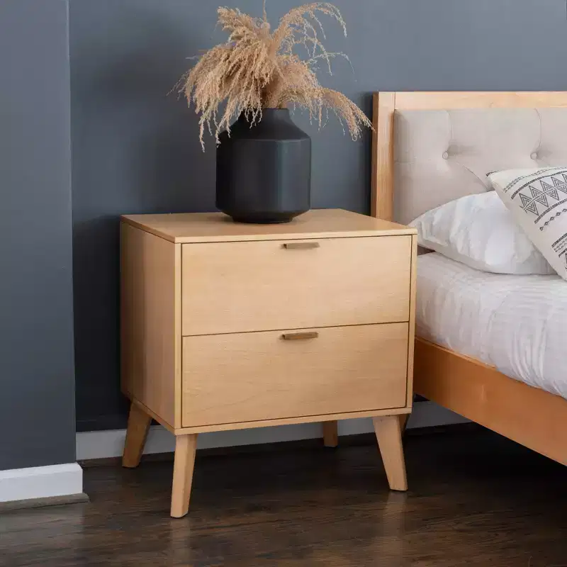 2-Drawer Nightstand – Natural Wood Finish, MDF & Rubberwood, 25.25