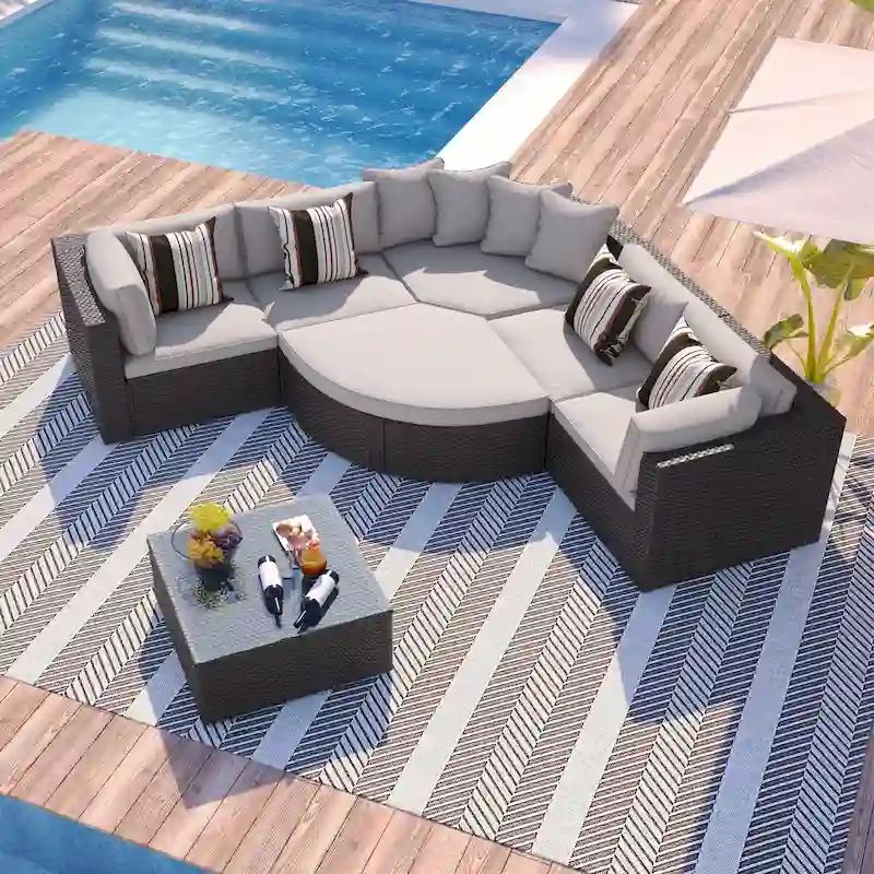 7-piece Outdoor Wicker Sofa Set, Rattan Sofa Lounger, With Colorful Pillows, Conversation Sofa, For Patio, Garden, Deck